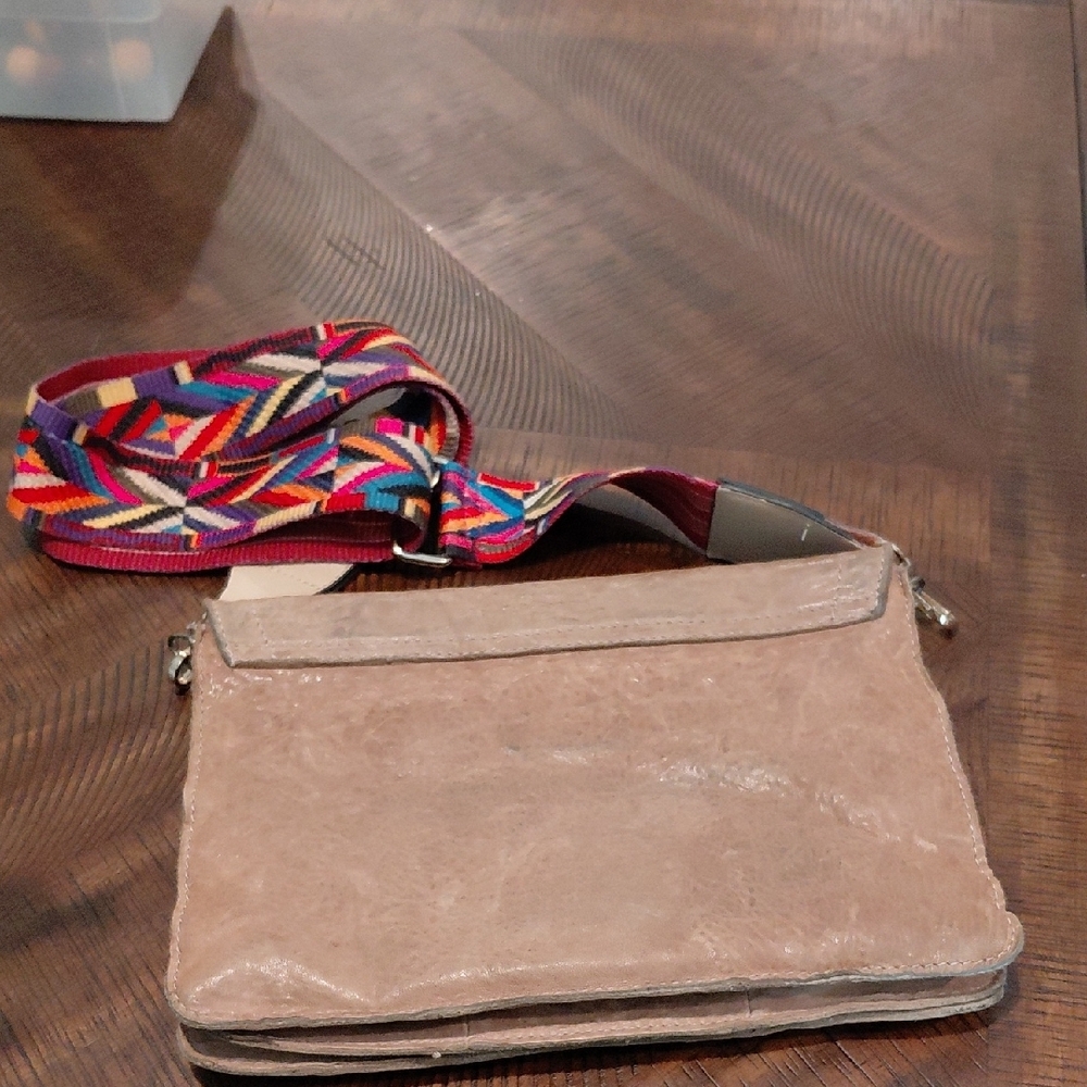 Leather Crossbody Bag with Colorful Adjustable Strap - Tan - Picture 6 of 6